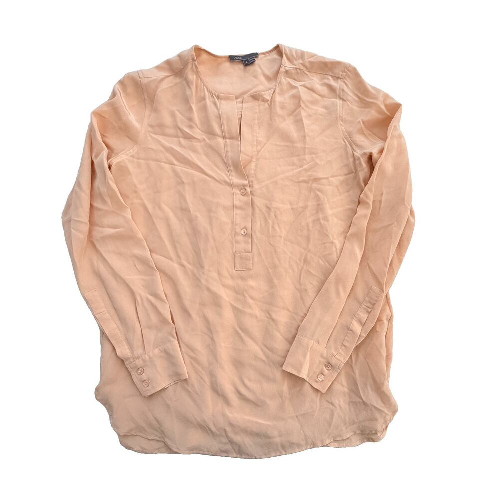 Vince Womens 100% Silk Peach Blouse Henley Style Sz 6 Quiet Luxury